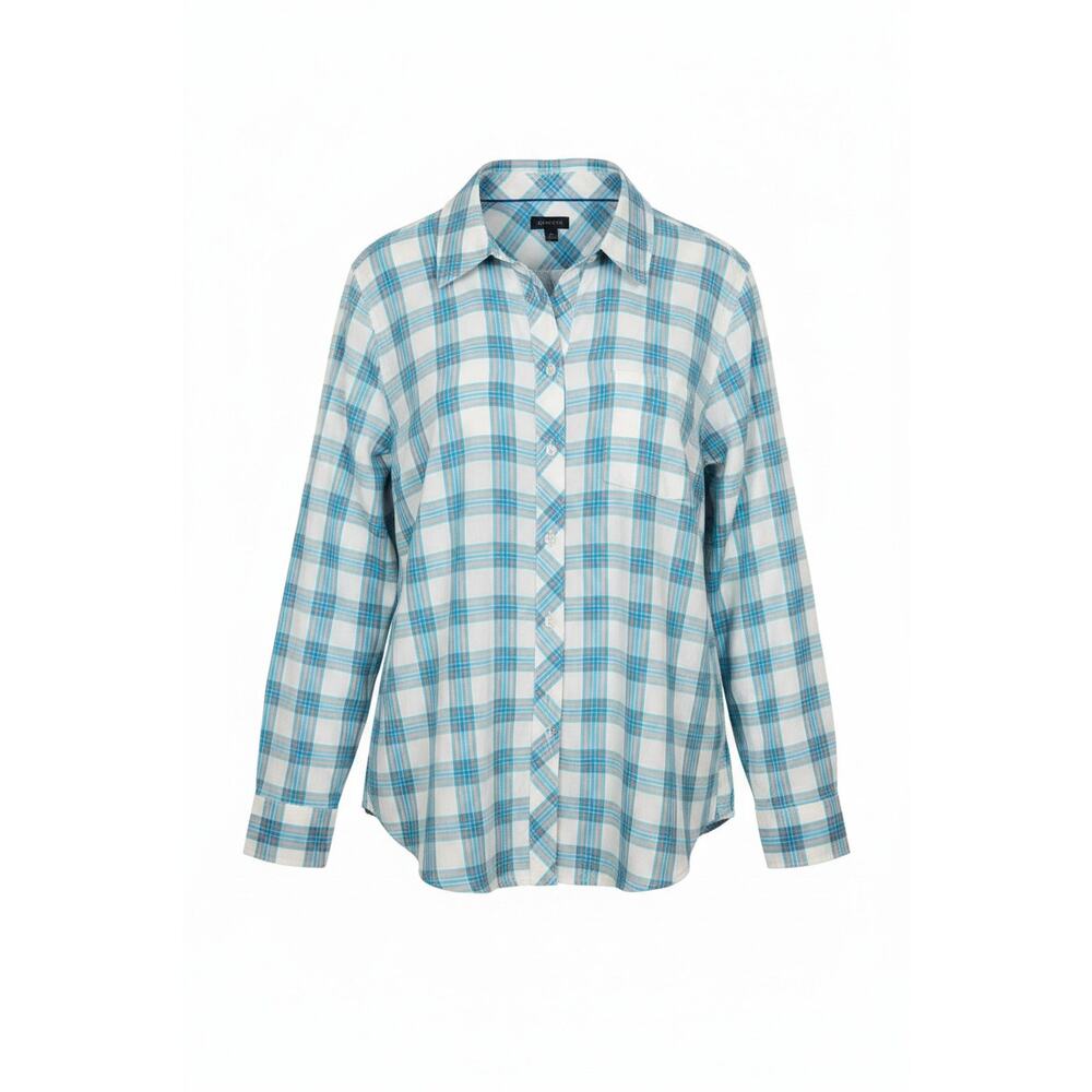 TALBOTS Button-Up Shirt Cotton Rayon Blend Blue Green Coral Plaid - Size L